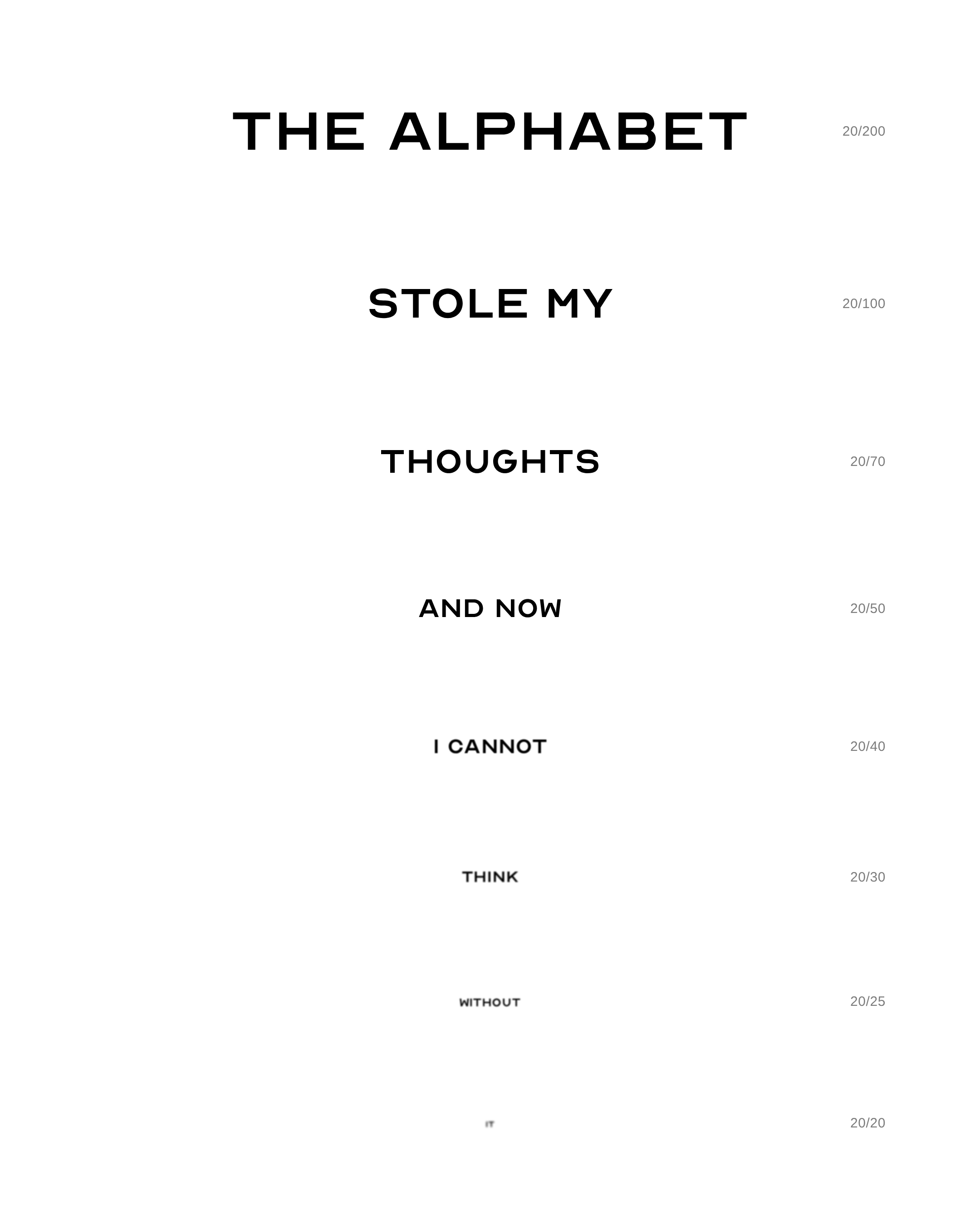 The Alphabet Stole My Thoughts, a typographic eye-chart print by Avery Lake whose sentence recedes and fades toward invisibility.