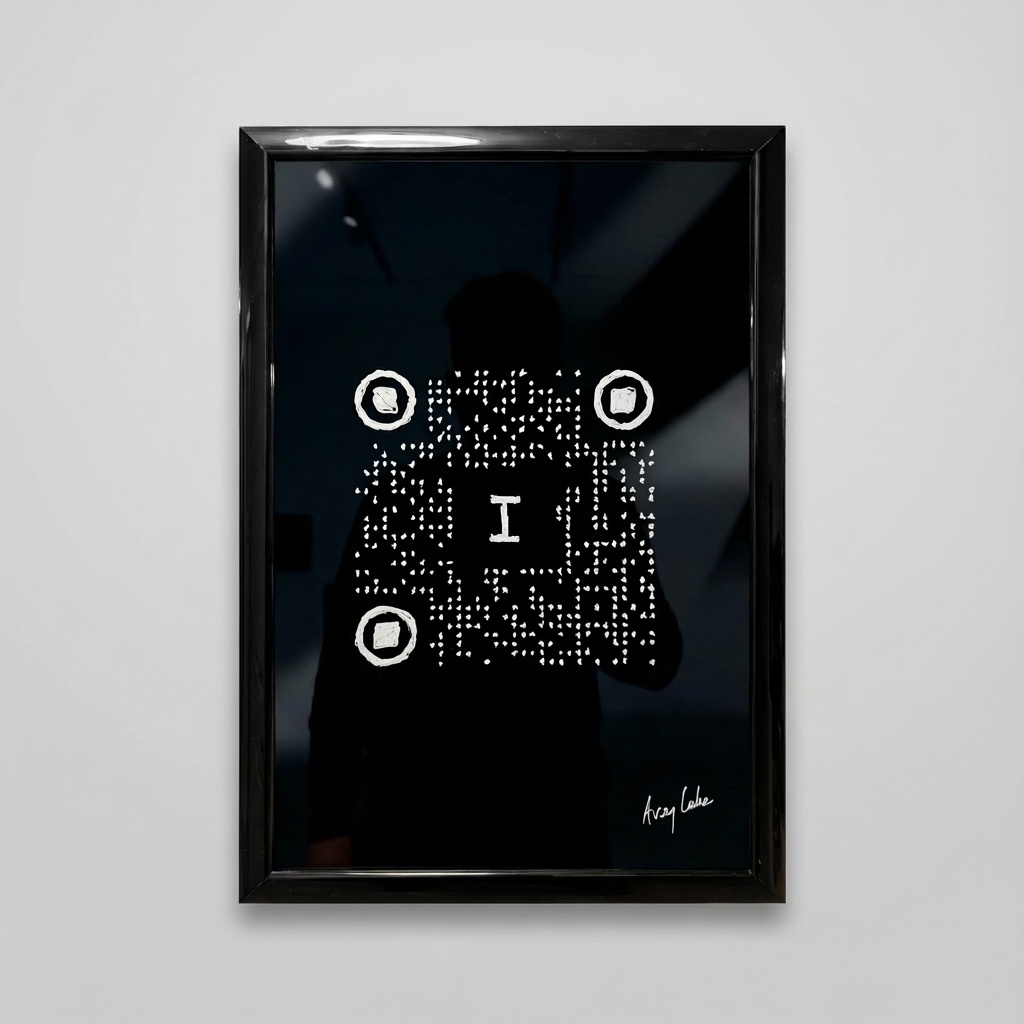 I, Human, a hand-drawn functional QR code on black glass by Avery Lake.